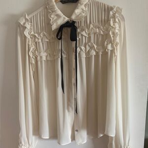 Zara Cream Ruffle Blouse with Black Ribbon